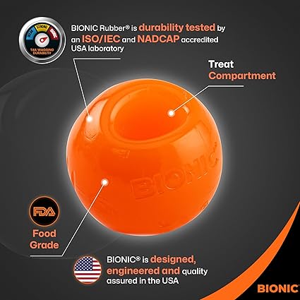 BIONIC Bounce Treats Holding Orange Dog Ball Toy