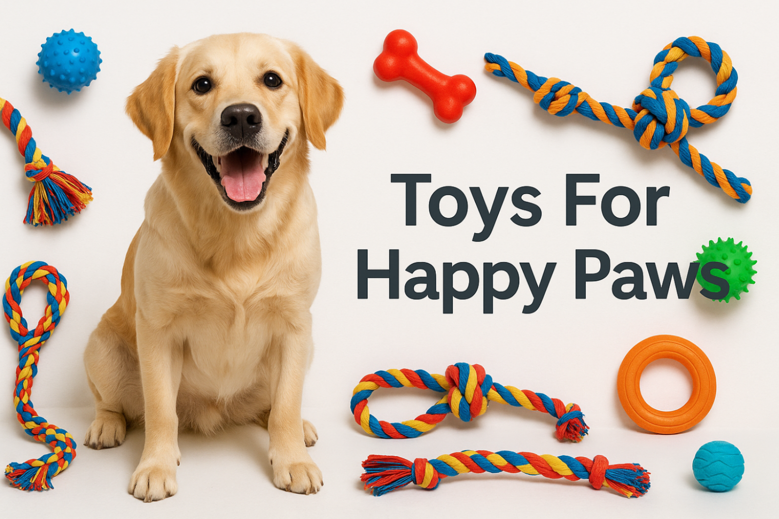 A happy dog playing with colorful toys