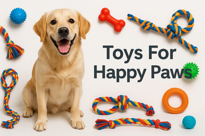 A happy dog playing with colorful toys
