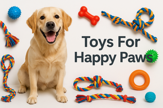 A happy dog playing with colorful toys